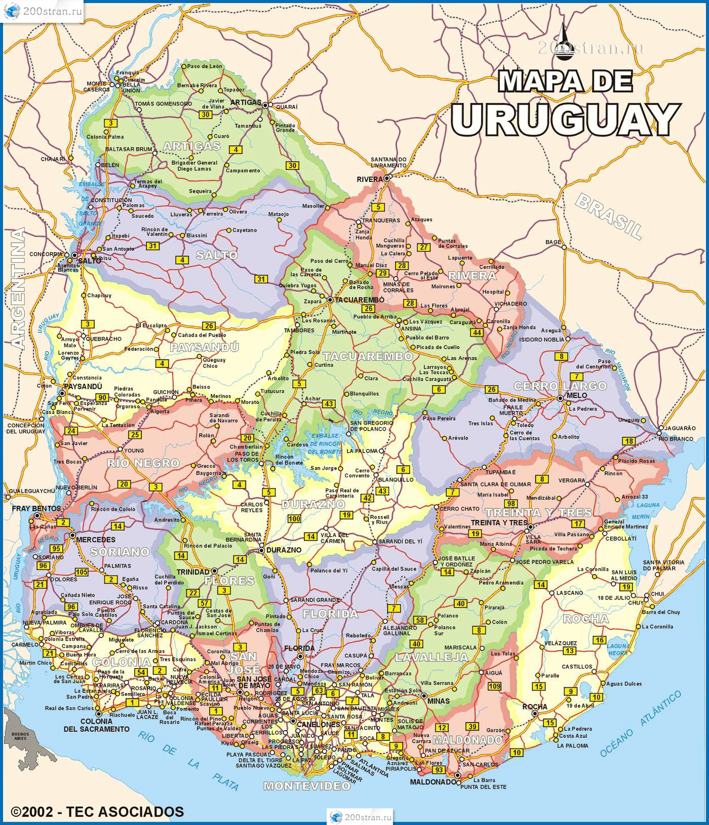 Карта автомобильных дорог Уругвая | Highway map of Uruguay