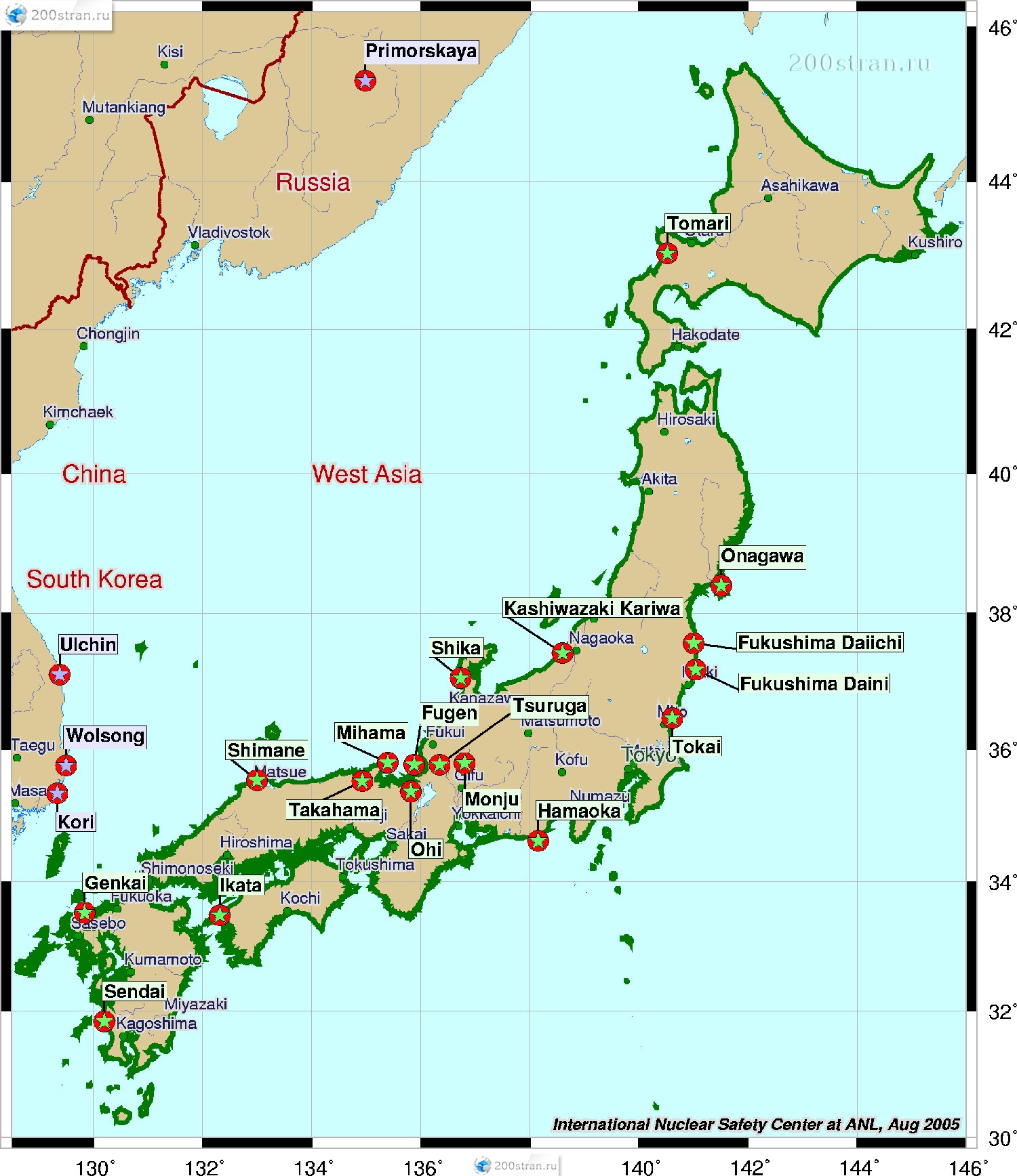 Карта расположения атомных электростанций Японии |